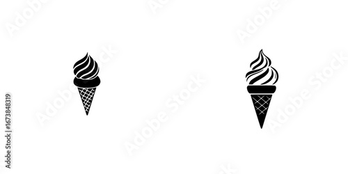 Minimalist black-and-white vector illustration of ice cream cones with soft serve on top in a simple silhouette style
