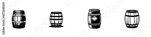 Minimalist black-and-white vector illustration of wooden barrels arranged in a row showcasing classic craftsmanship