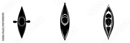 Minimalist black-and-white vector illustration of kayaks in various views highlighting water sports activity