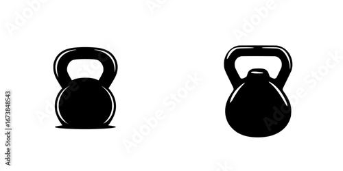 Minimalist black-and-white vector illustration of kettlebells as fitness tools for strength training workouts