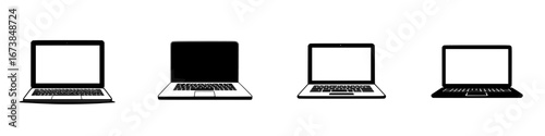 Minimalist black-and-white vector illustration of four different laptop silhouettes in a simple design style