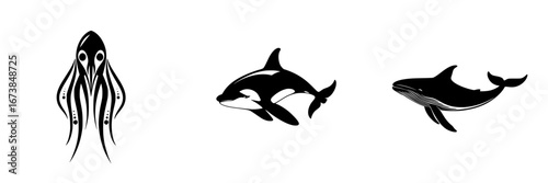 Minimalist vector illustration featuring a squid, dolphin, and whale in black and white silhouette design