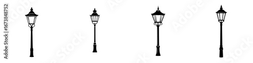 Elegant black-and-white vector illustration of minimalist lamp post silhouettes in varying designs for urban settings
