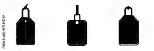 Minimalist black-and-white vector icons of various label types suitable for design projects and graphic elements