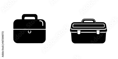 Black-and-white minimalist icon of toolboxes representing various trades and handyman activities during daytime