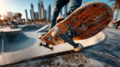Closeup of a skateboarder performing a trick in a skatepark with a city skyline in the background