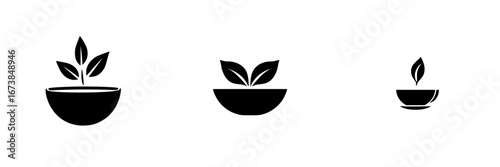 Modern minimalist black-and-white vector illustration of plant growth in bowls