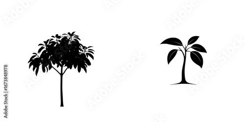 Minimalist black-and-white vector illustration of trees in various styles depicting growth and nature