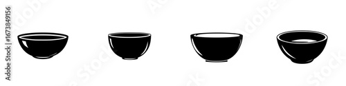 Simple black-and-white vector illustration of minimalist bowl silhouettes displaying various shapes and sizes