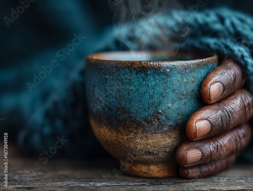 A hand wrapped in a cozy teal blanket holds a rustic, steaming ceramic cup filled with a warm beverage