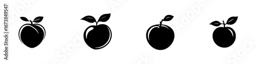 Minimalist black-and-white vector illustrations of simple fruit silhouettes depicting apples in various styles