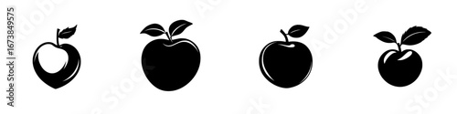 Various black-and-white minimalist apple silhouettes in a vector illustration style showcasing fruit designs
