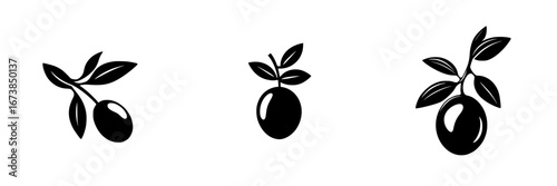 Black-and-white minimalist vector illustration of olive branches featuring three simple silhouettes