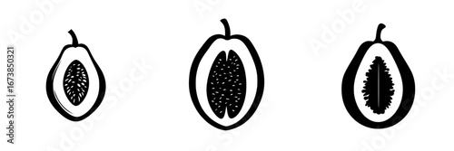 Fruit slices displayed as minimalist vector illustrations in black-and-white, emphasizing simple shapes and details of seeds