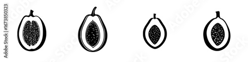 Minimalist black-and-white vector illustration of papaya fruit showcasing various cuttings and seed arrangements