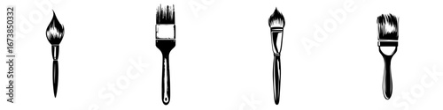 Stylized black-and-white vector illustration of four minimalist paintbrush silhouettes for creative projects