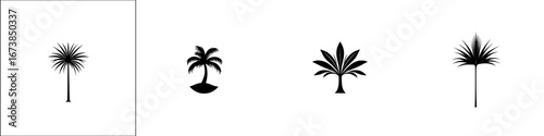 Minimalist black-and-white vector illustration of diverse palm tree silhouettes showcasing tropical nature
