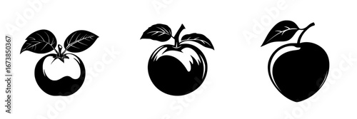 Minimalist black-and-white vector illustration featuring three distinct apple silhouettes with leaves