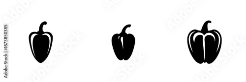Minimalist black and white vector illustration of simple pepper silhouettes in various sizes and shapes for culinary design