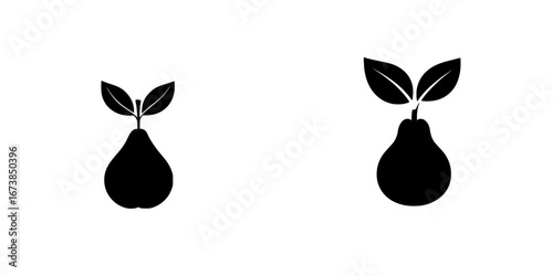 Minimalist black-and-white vector illustrations of pears with leaves showcasing simple design and elegant silhouette