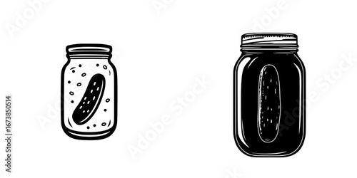 Simple black-and-white vector illustration of pickles in jars showcasing minimalist design elements