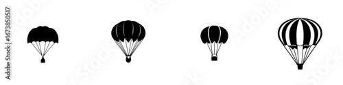 Minimalist black-and-white vector illustration of different parachute designs in a simple silhouette style