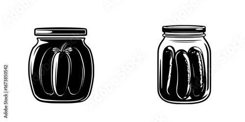Vector illustration of black-and-white minimalist jars with pickled cucumbers and tomatoes on a plain background