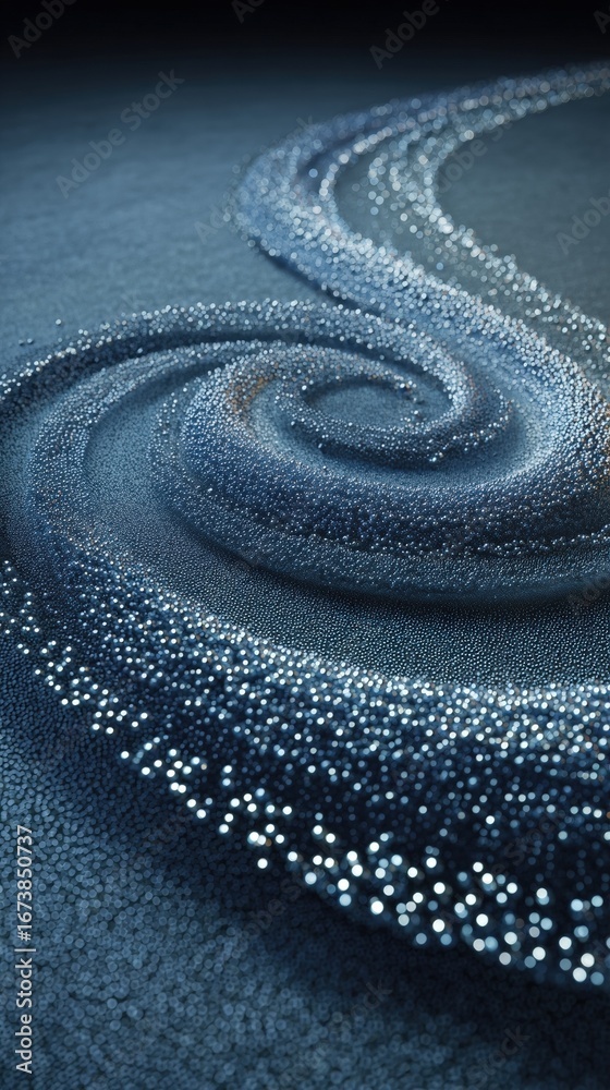 Obraz premium Shimmering blue beads form a dynamic spiral pattern on a dark textured surface