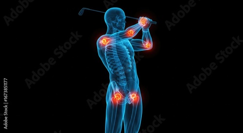 Human anatomy highlighting joint pain in a golfer's swing.