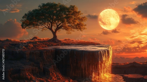 Sunset Waterfall, Lone Tree, Moonlit Cliff