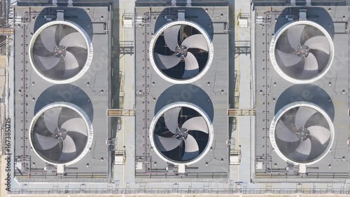 Internet infrastructure hub in Eemshaven, data center rooftop fans, aerial view