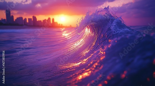 Sunset wave ocean city beach sunrise