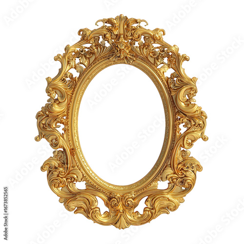 Ornate Gold Oval Frame with Intricate Details on Transparent Background