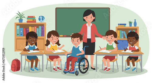 Teacher introducing new student in wheelchair to classmates in classroom, educational context, diversity inclusion