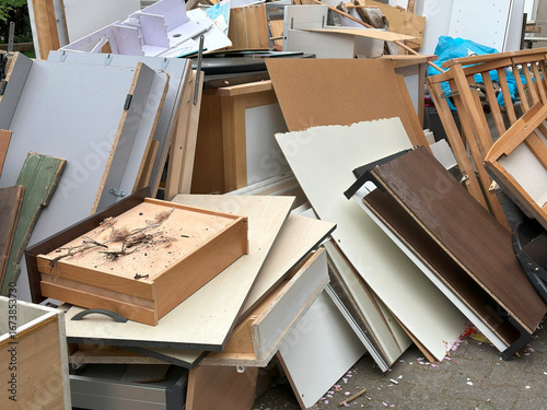 Fotografie bulky waste reduction, large pile discarded furniture and wooden panels, renovat