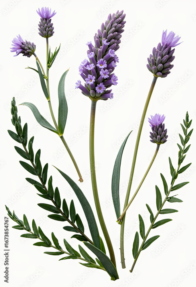 Fototapeta premium A delicate and realistic illustration of lavender flowers with vibrant purple blossoms and slender green leaves, evoking a sense of calm, fragrant nature. 