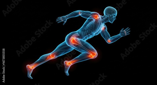 Medical illustration of a human athlete running, with an x-ray view showing painful, inflamed joints in red.