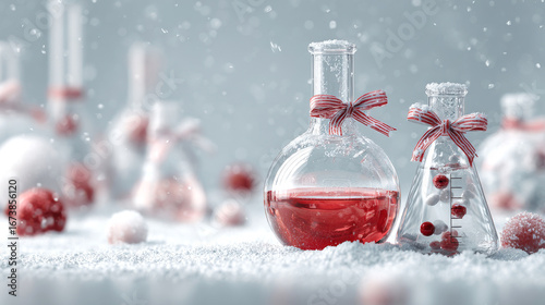 Colorful chemical laboratory flasks with red liquid and festive Christmas decorations create a magical winter atmosphere. Chemical plant. Christmas and New Year greetings. With copy space