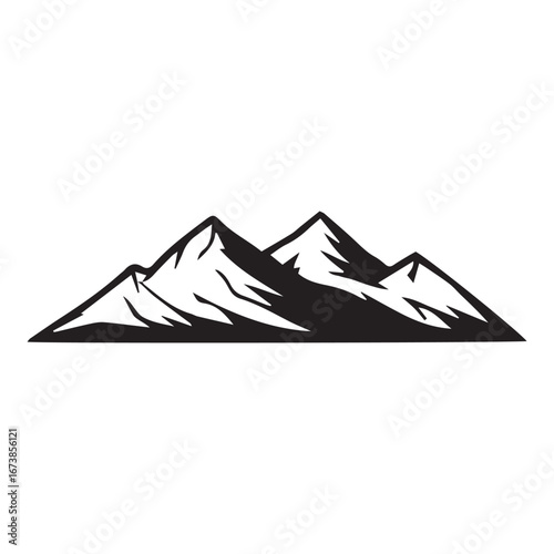 Black and white vector illustration of three mountain peaks with snow, against a white background.