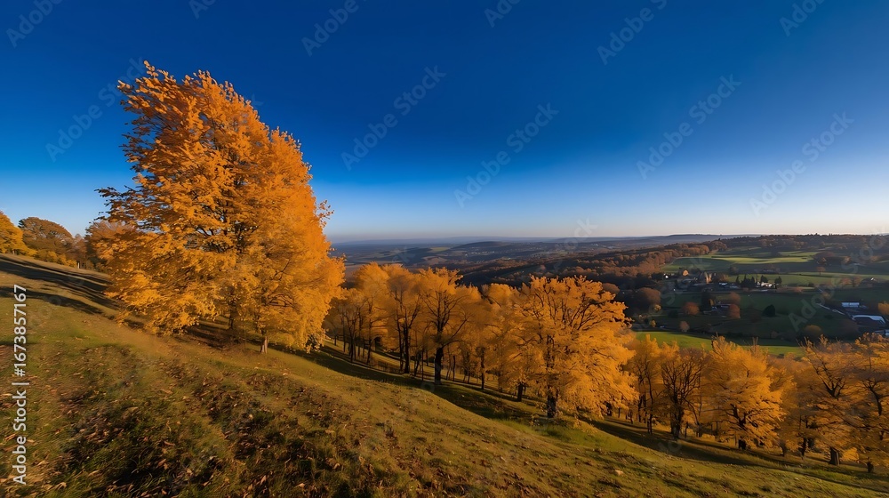 Fototapeta premium Autumn Hillside with Vibrant Yellow Trees, scenic countryside view