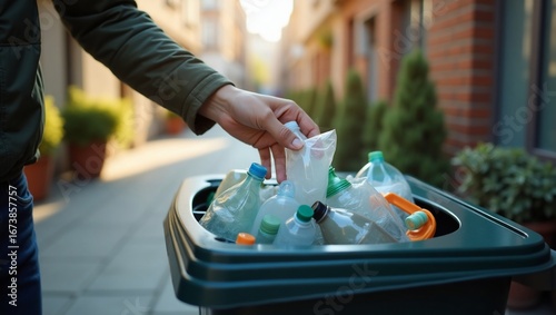 Person recycling plastic bottles outdoors.