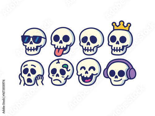 A collection of cute cartoon skulls displaying diverse emotions and accessories.