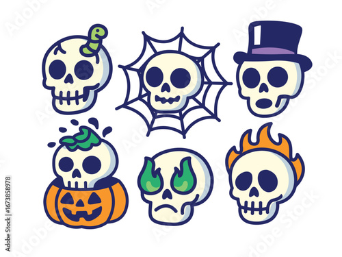 A collection of cartoon skulls with various expressions and Halloween-themed elements.