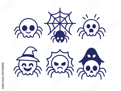 A collection of cartoon spiders with various expressions and a spiderweb, all in a simple, dark blue line art style.