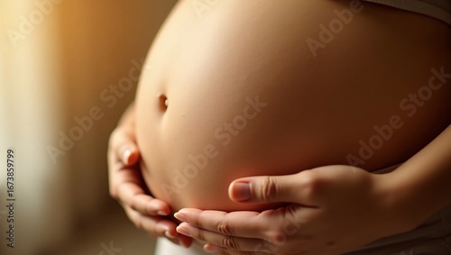 Pregnant belly with gentle hands, and sunlight.