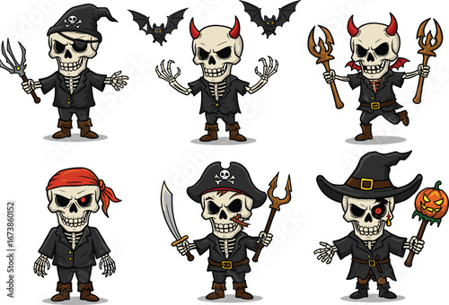 Halloween skeleton pirates, demons and witches with weapons, bats and pumpkins, spooky scary undead characters illustration set, creepy holiday costume design vector art