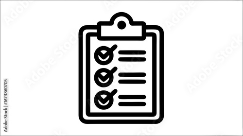 Minimal Black and White Clipboard Icon Featuring a Checklist with Three Checkmarks for Clean Digital Design Assets