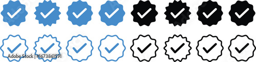 Blue Verified badge icon set. Blue tick check with social media account icon. Set of check mark icons. approved profile sign. white tick in blue circle.
