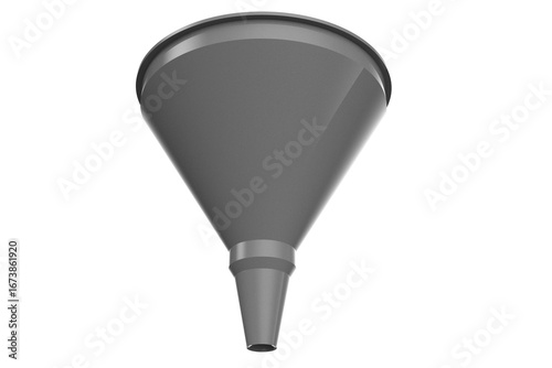 Industrial dark gray plastic fluid transfer device, isolated high-definition 3D rendering of a conical funnel suitable for automotive maintenance and chemical pouring, clean cut-out PNG asset.