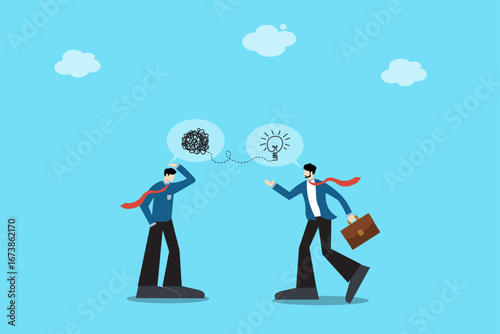 Vector illustration of two businessmen discussing solutions. From confusion to bright ideas, teamwork and collaboration create innovation in business strategy and growth.